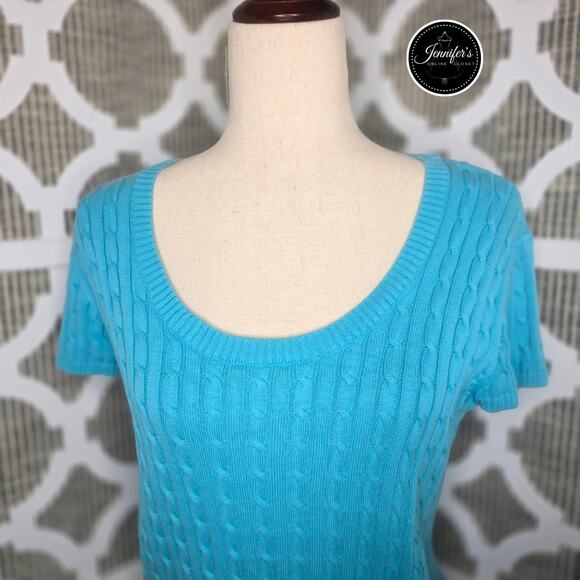 Jeanne Pierre Petite Teal/Turquoise Cable Knit Scoop Neck Cap Sleeve Sweater PL - Picture 3 of 8